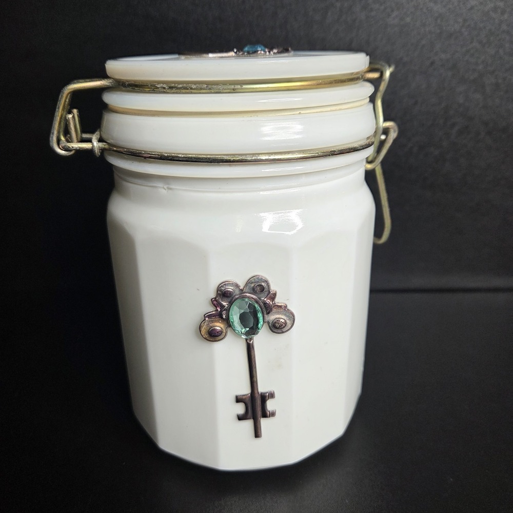White Ceramic Canister Jar Jeweled Key Design Clamp Lid Trinket Storage